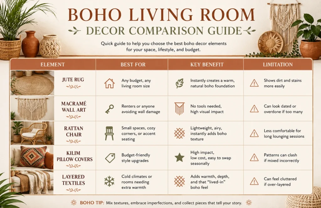 Comparison table infographic for boho living room decor ideas and styling tips