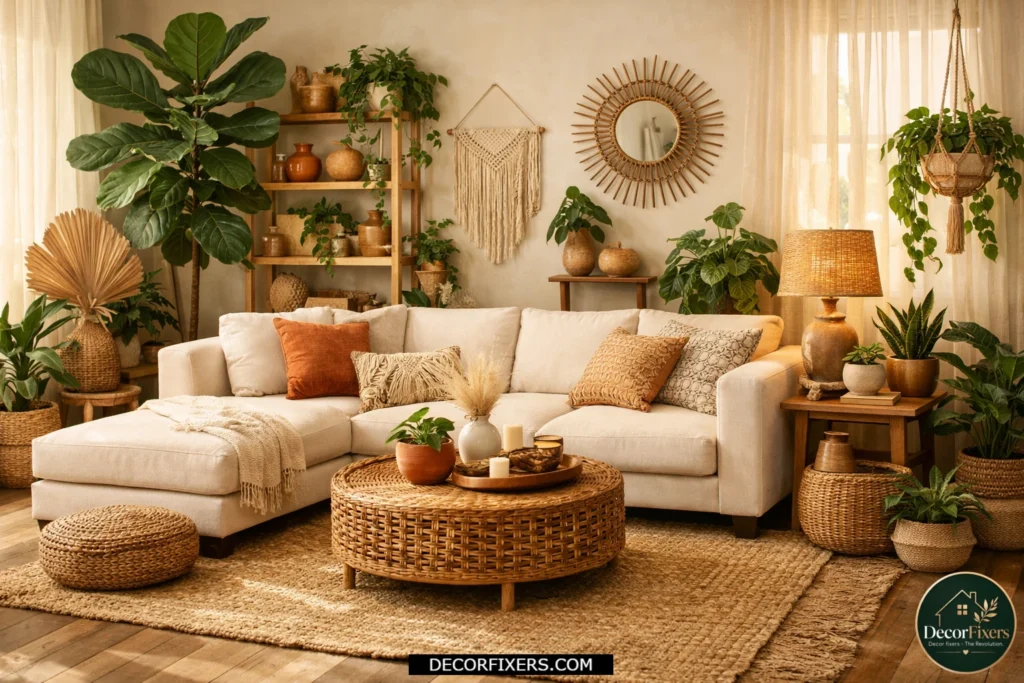 Boho living room filled with layered indoor plants and earthy textures