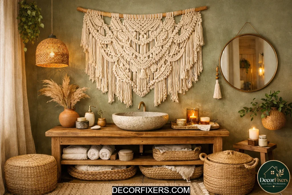 Large cream macramé wall hanging adding texture to a cozy boho bathroom