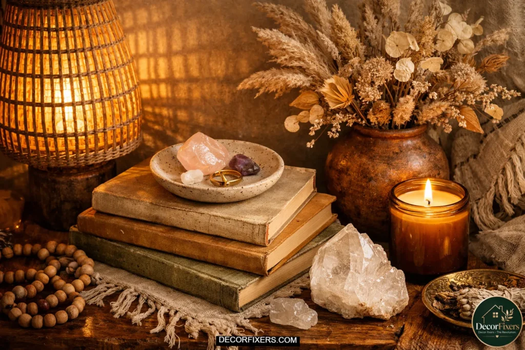 Close-up of boho nightstand styled with stacked books, candle, crystals, dried flowers, ceramic dish, and warm rattan lamp glow.