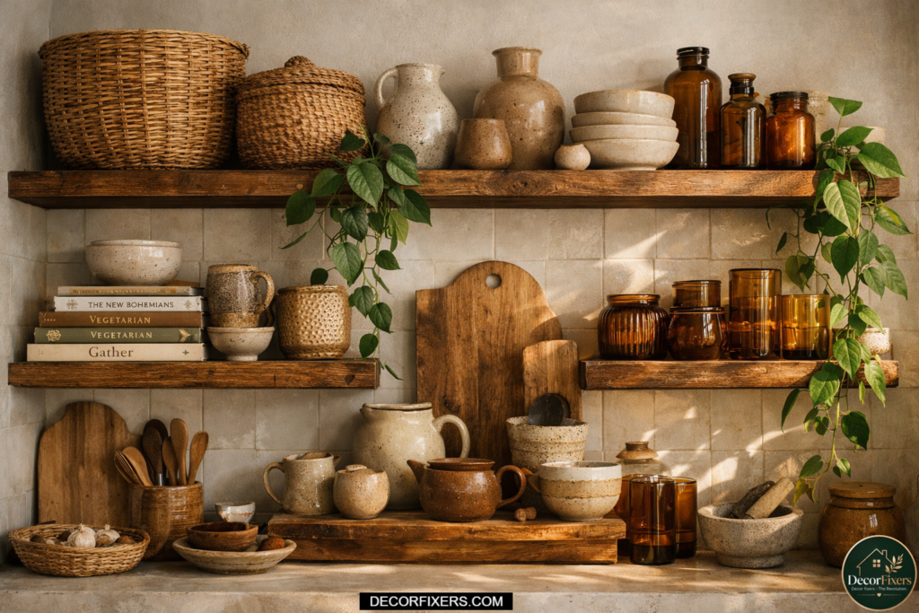 Open wooden kitchen shelves styled with handmade ceramics, plants, and neutral decor