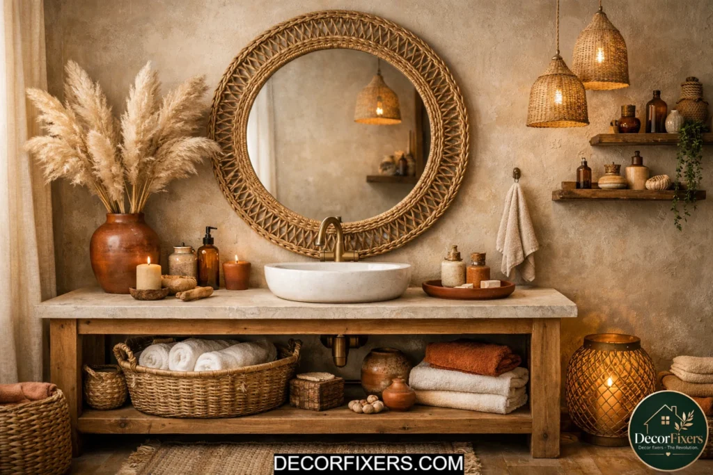 Round rattan framed mirror above a warm wood vanity in a cozy boho bathroom with earthy textures and soft lighting