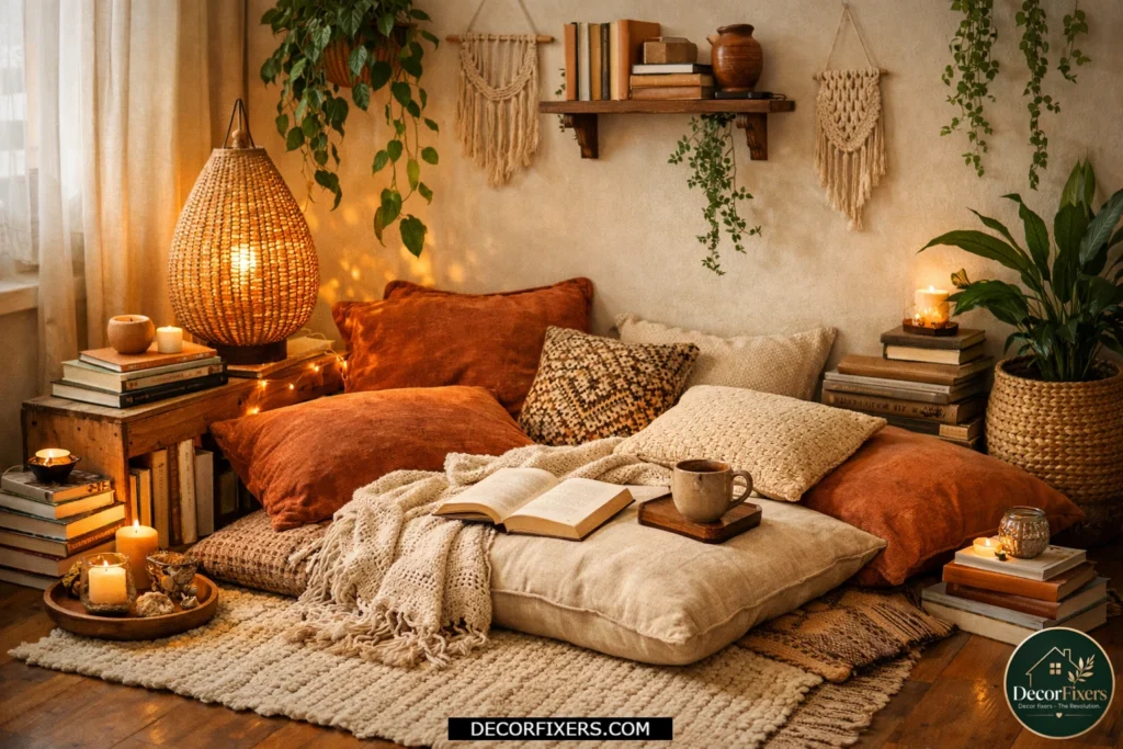 Cozy floor cushion reading nook in a boho living room corner