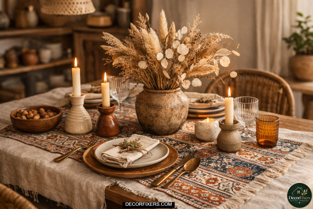 Boho-patterned table runner layered over a rustic dining table with earthy decor accents