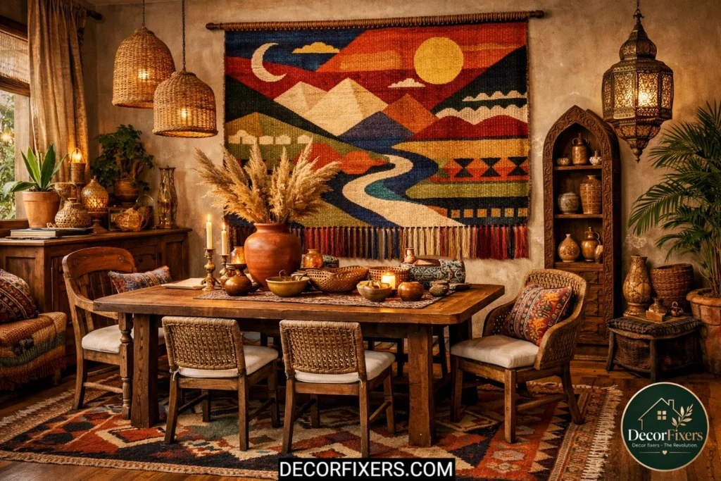 Large tapestry wall art in a boho dining room