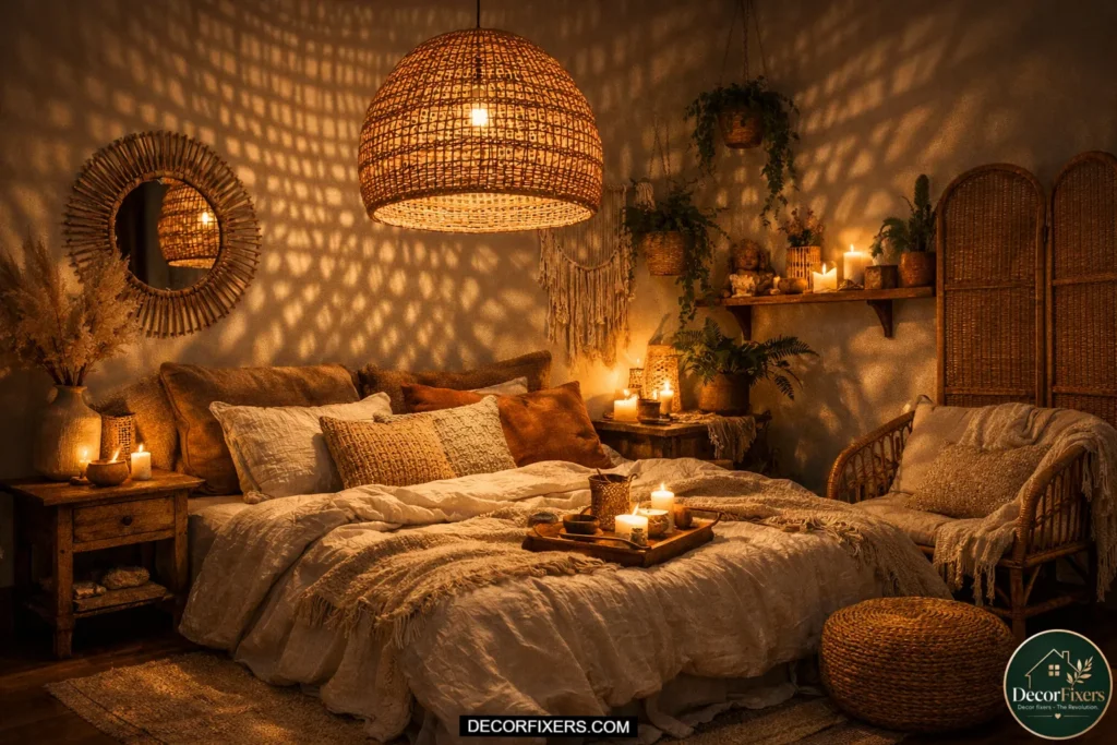 Boho bedroom corner featuring hanging rattan egg chair beside large window, layered rugs, trailing plants, and warm sunset lighting.