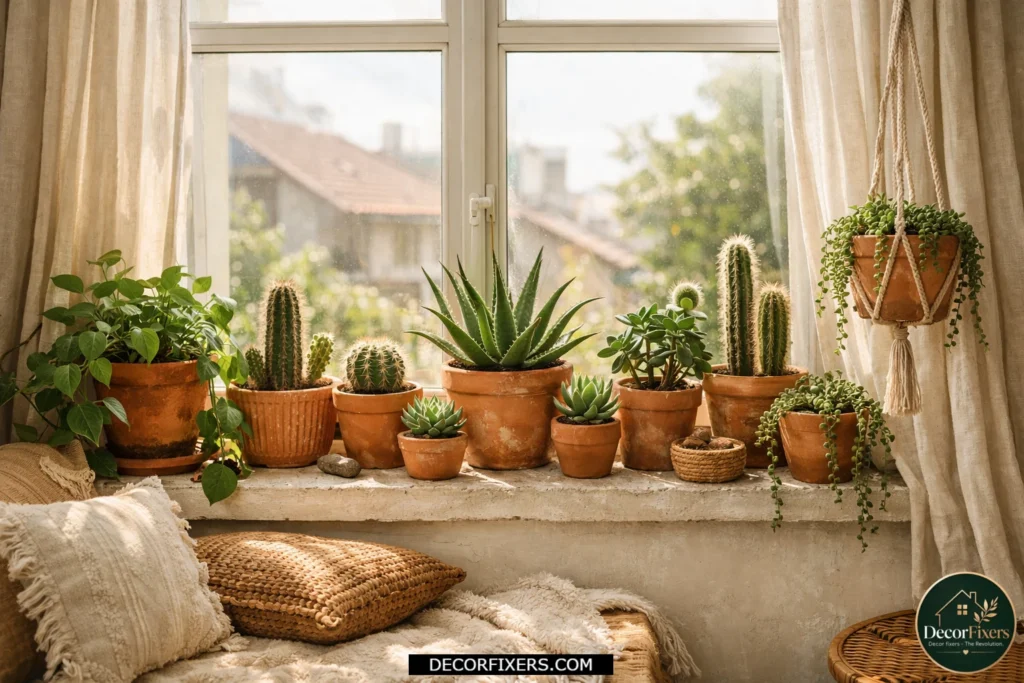 Boho windowsill styled with terracotta potted plants and succulents