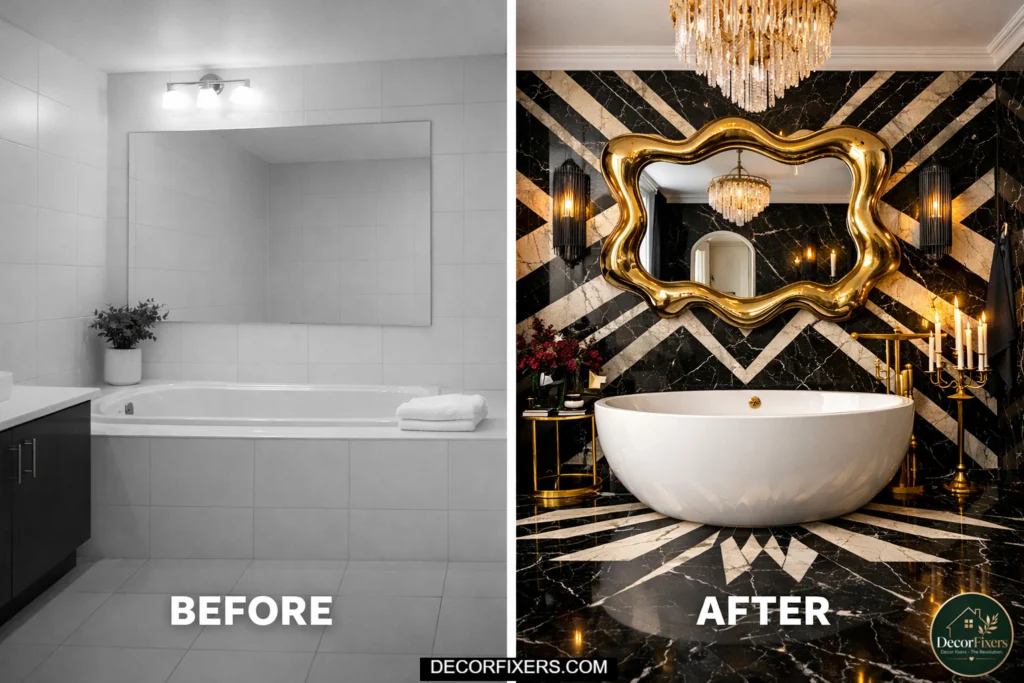 Basic black and white bathroom compared to bold design with statement features and dramatic elements
