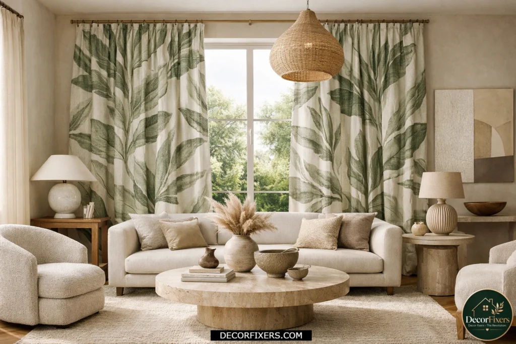 Botanical print curtains acting as a statement feature in a modern living room.