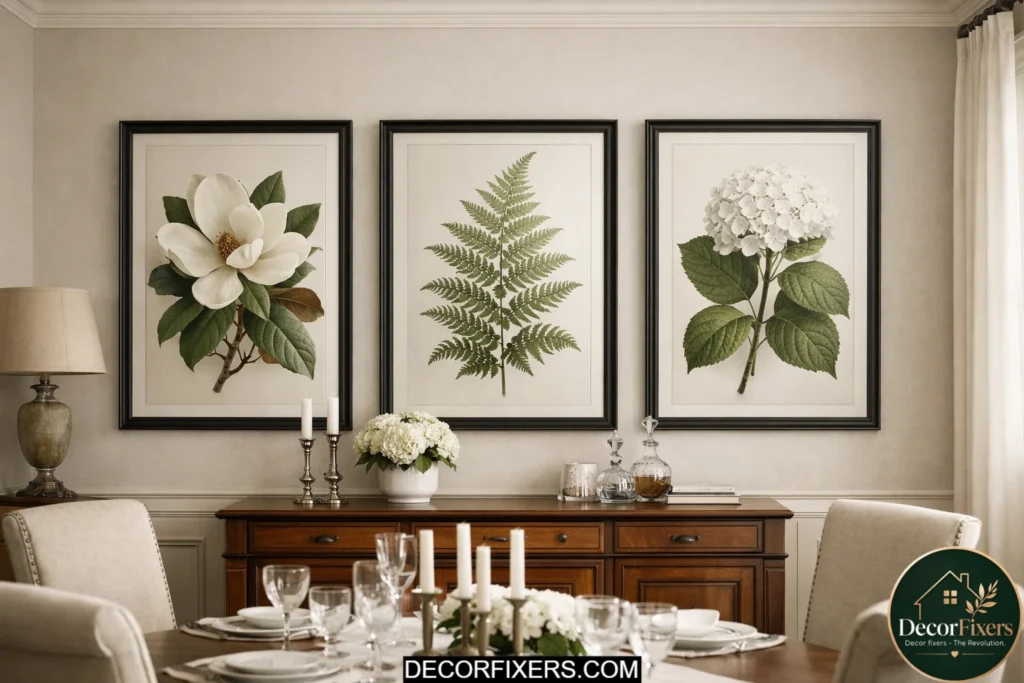 Three framed botanical prints aligned above a dining room sideboard in a classic modern style