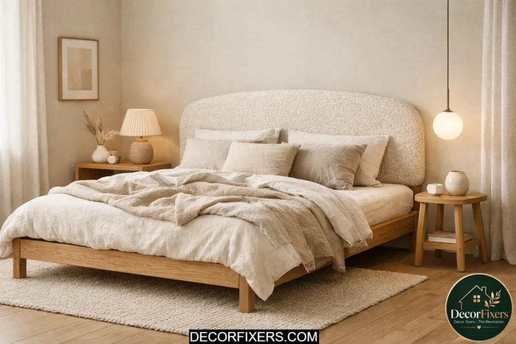 Scandinavian bedroom with a textured bouclé upholstered headboard.