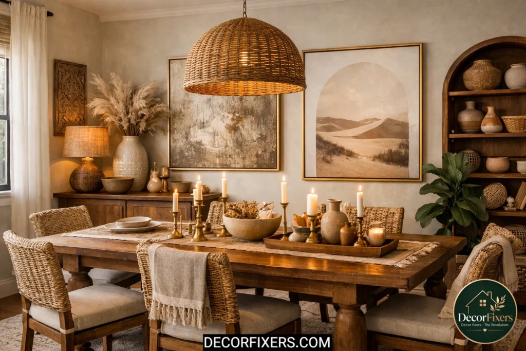 Boho dining room styled with brass and matte gold accents