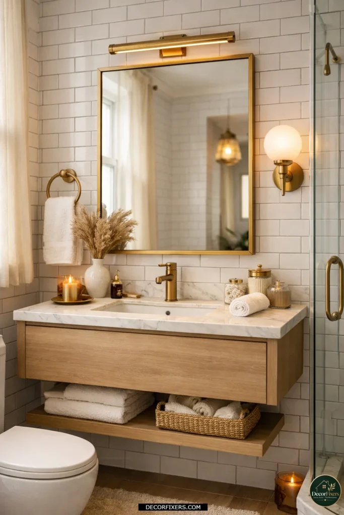 Warm brass-framed mirror bringing softness and luxury to a cool-toned small bathroom.