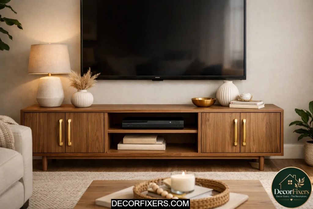 Cabinet hardware upgrade with modern brass handles in living room