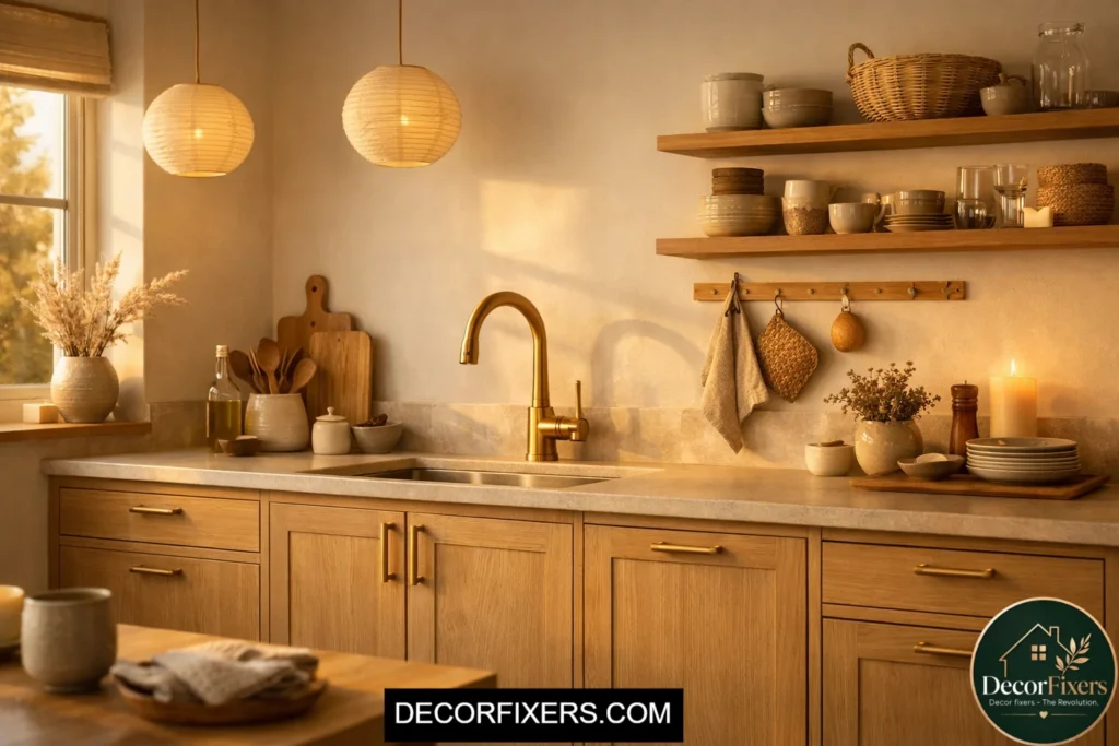Brushed brass accents in Scandinavian kitchen