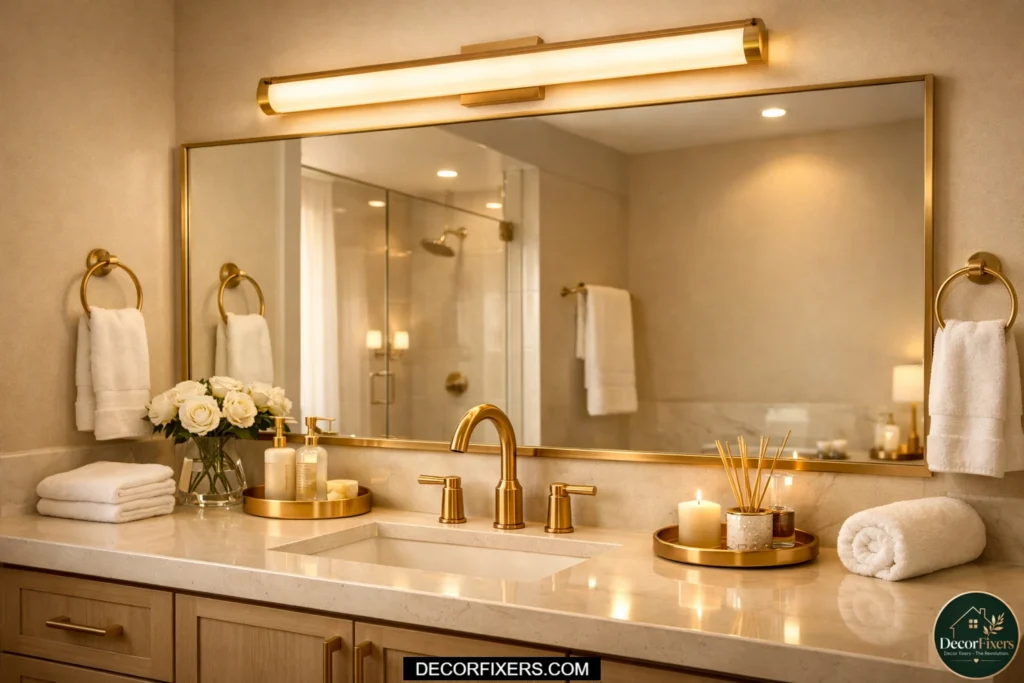 Brushed gold vanity lighting above a luxurious modern bathroom vanity.