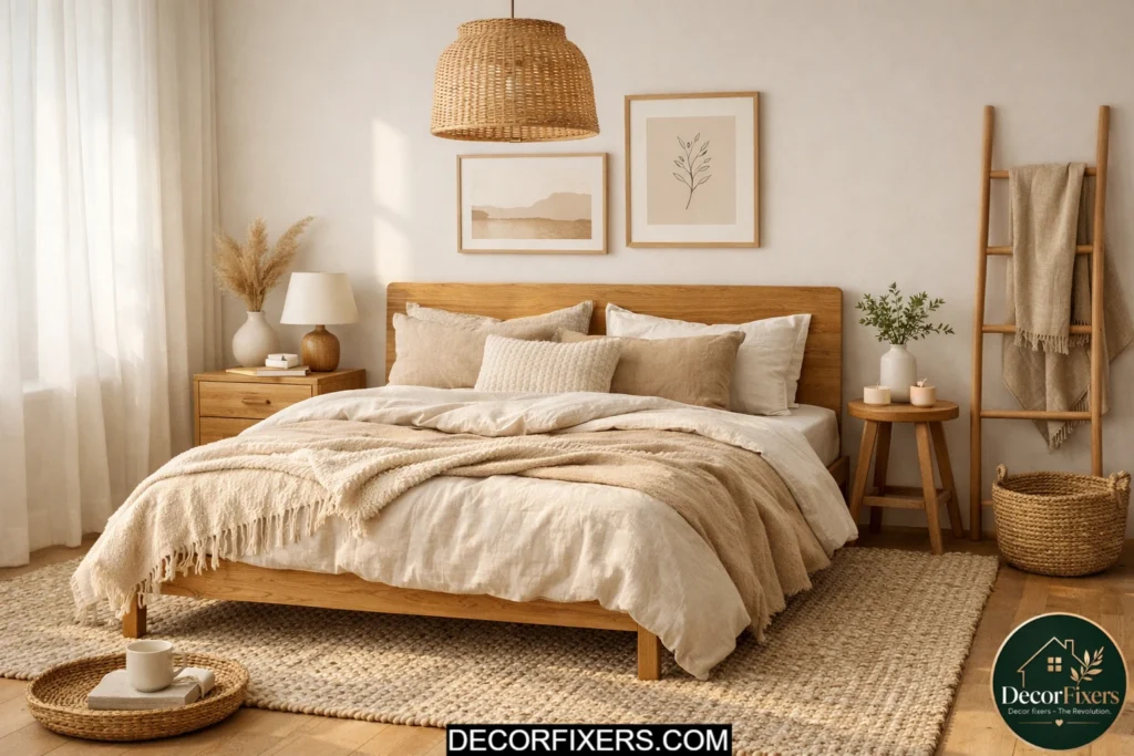Large neutral rug anchoring a modern affordable bedroom design