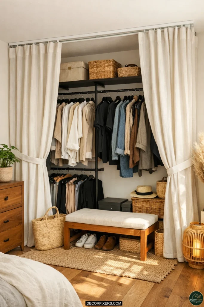 Affordable walk-in wardrobe corner created using curtain tracks and garment rails.