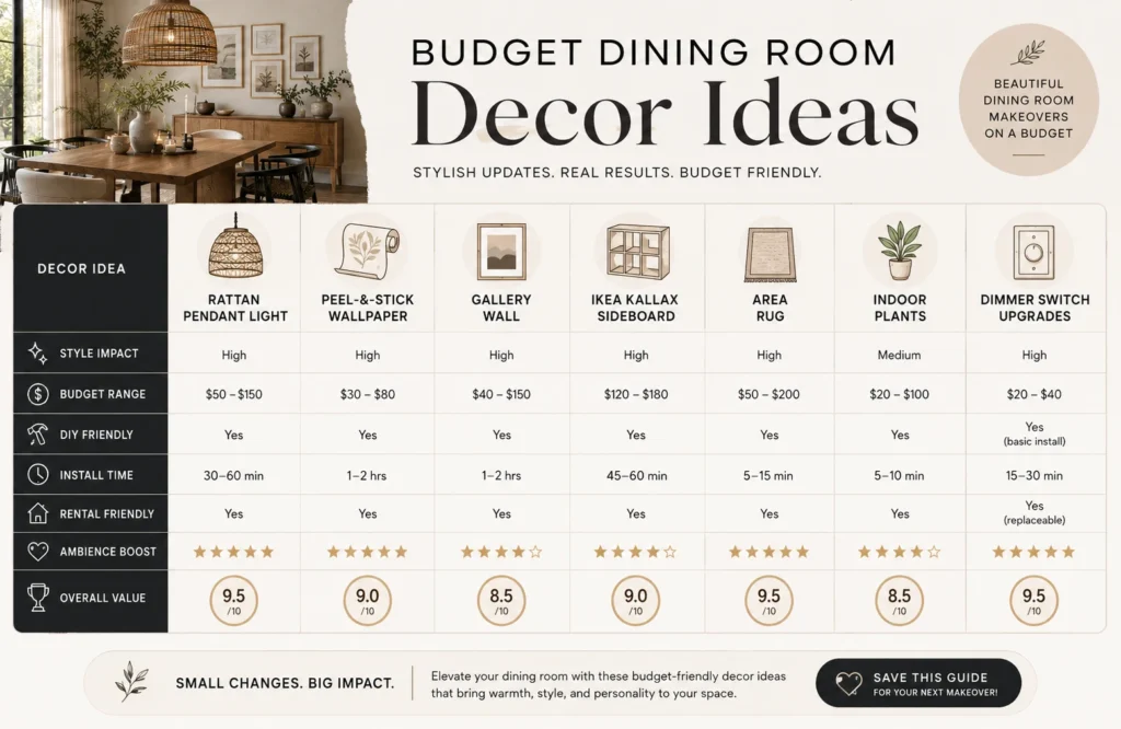 Comparison table of budget dining room decor upgrades and costs