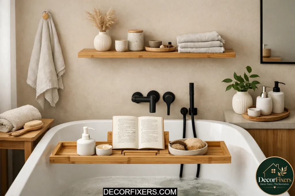 Affordable Japandi bathroom makeover with simple warm neutral styling