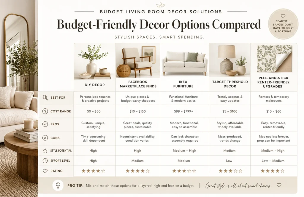 Comparison Table: Infographic table comparing budget living room decor approaches including DIY, thrift shopping, IKEA furniture, peel-and-stick solutions, and designer-style retail options with benefits and limitations clearly organized