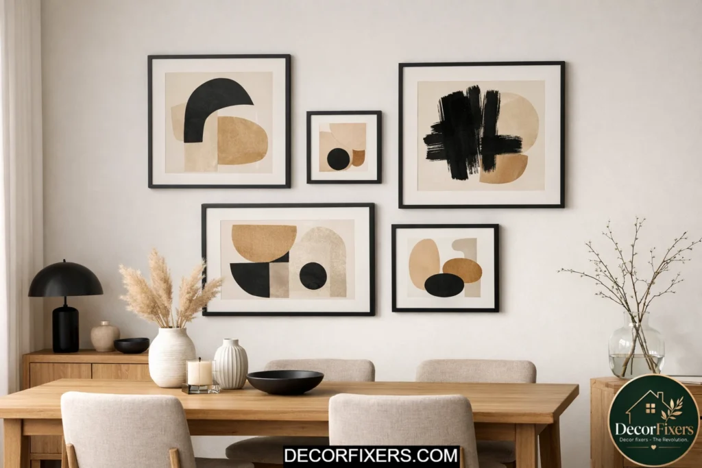 Affordable framed wall art creating upscale dining room decor