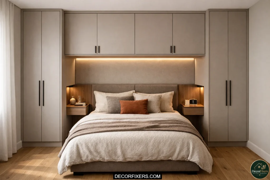 Built-in wardrobe surrounding a bed with overhead cabinets in a compact modern bedroom.