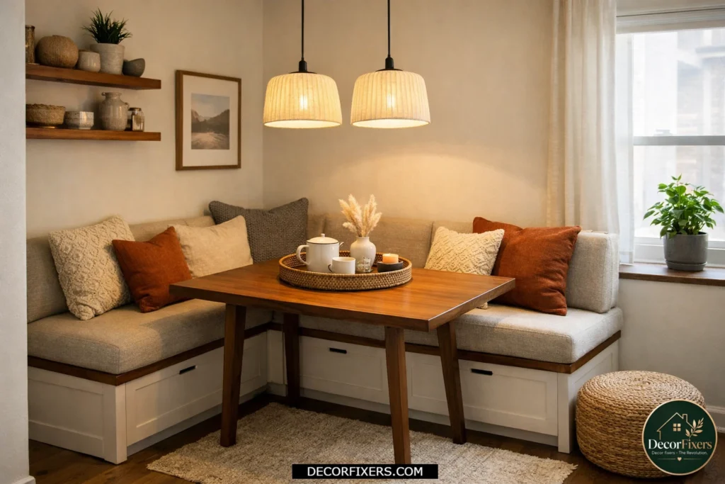 Built-in banquette dining nook with storage seating in a small apartment.