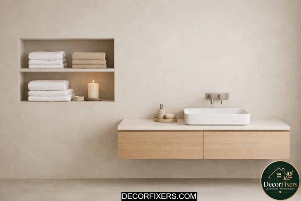 Recessed in-wall shelf in a minimalist bathroom displaying towels and simple decor