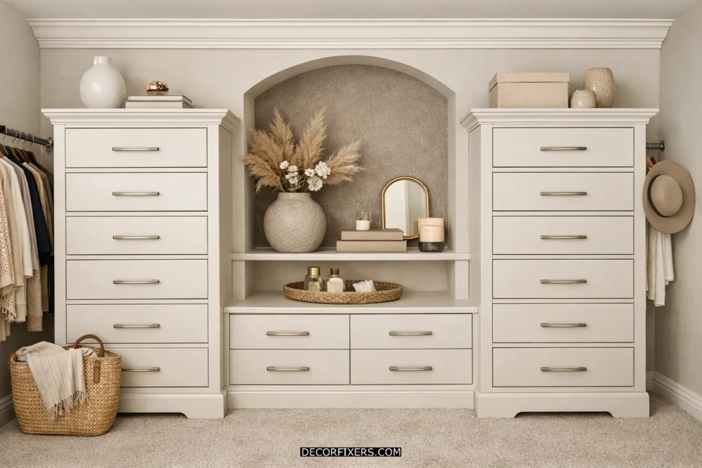 DIY built-in closet look using freestanding drawer towers.