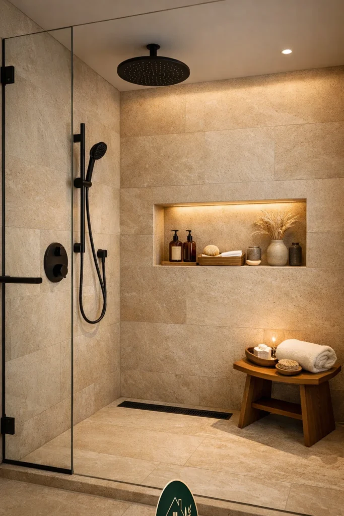 Japandi shower with recessed wall niche and seamless tile design