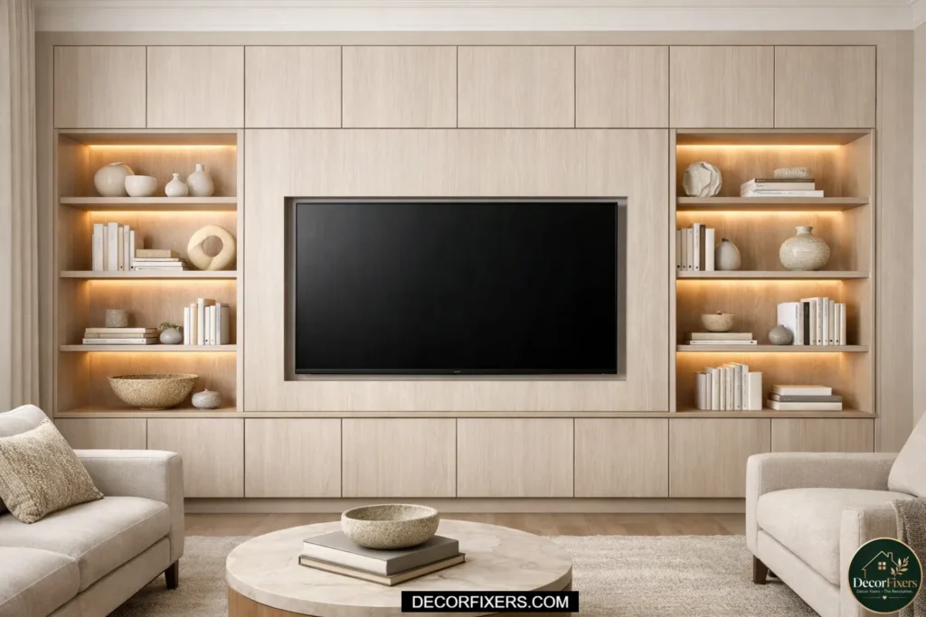A symmetrical built-in TV wall unit with closed lower cabinets, open upper shelving for books and decor, and a flat-screen TV embedded in the center panel