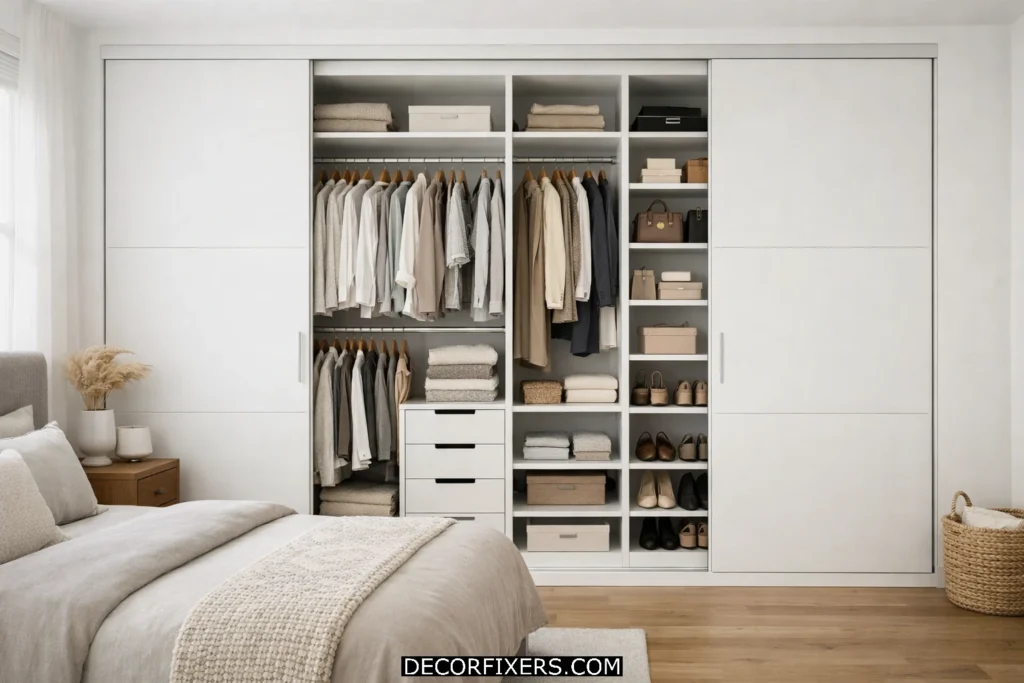 Built-in wardrobe with sliding doors maximizing storage in a small bedroom.