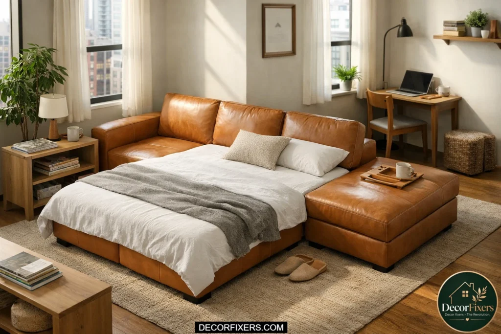 Modular leather sofa bed arranged flexibly in a renter-friendly apartment.