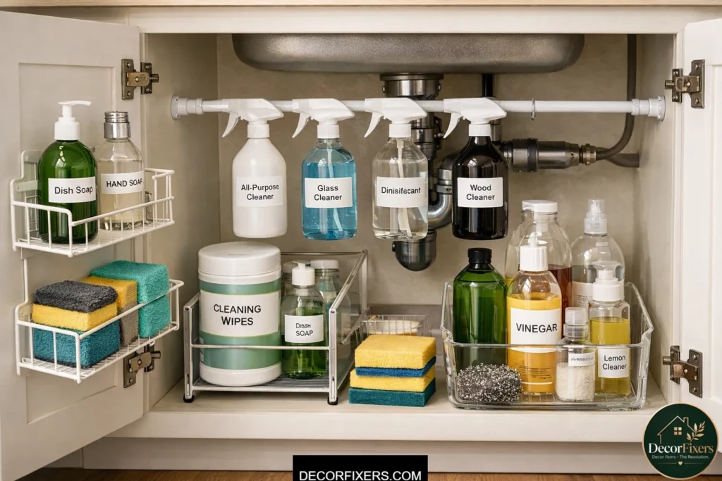 Cabinet door organizer for cleaning supplies in a small kitchen sink cabinet