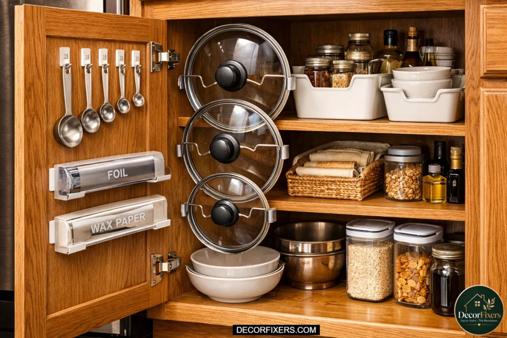 Inside of oak kitchen cabinet door fitted with adhesive hooks holding pot lids vertically alongside mounted measuring spoons and foil organizers above a decluttered shelf