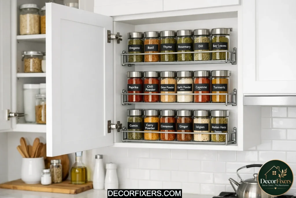Cabinet door spice rack organizer maximizing storage in a small kitchen