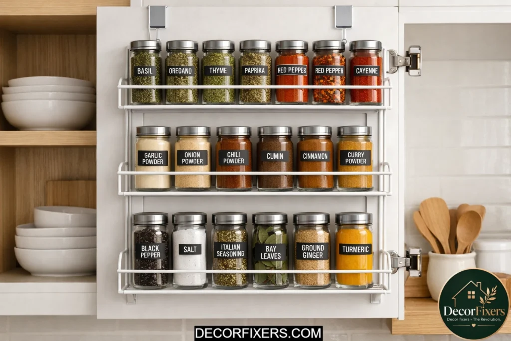 Over-door spice rack organizer mounted inside a kitchen cabinet door