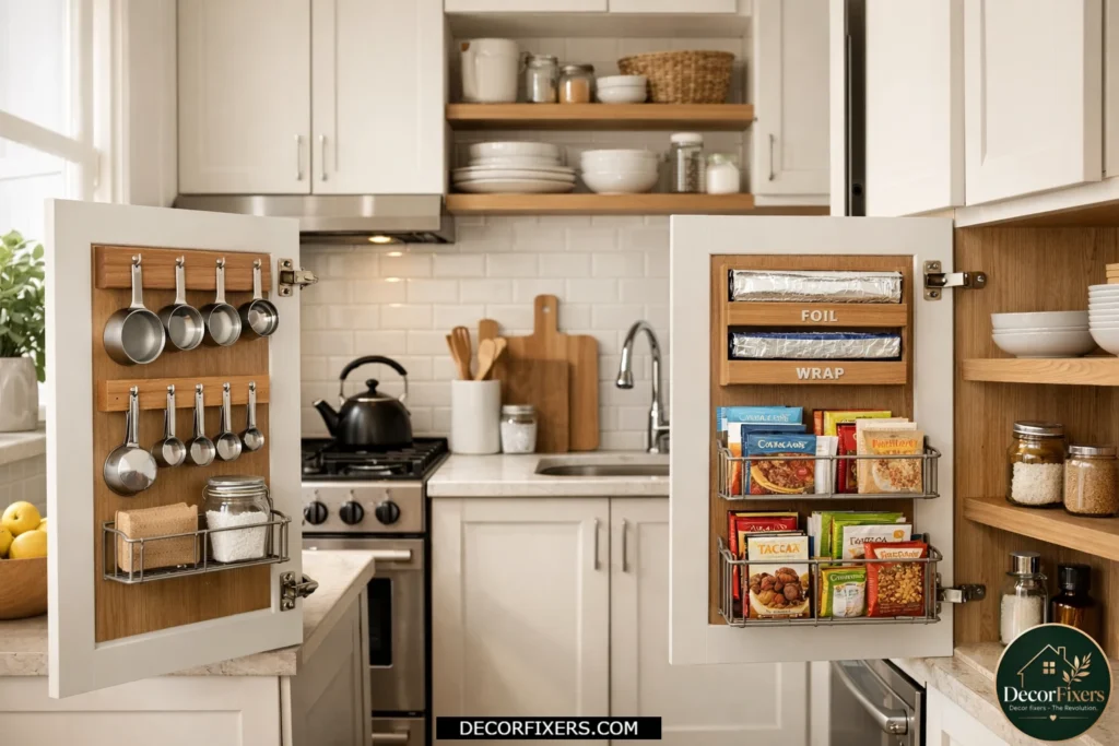 Inside cabinet door organizers used for extra storage in a small modern kitchen.