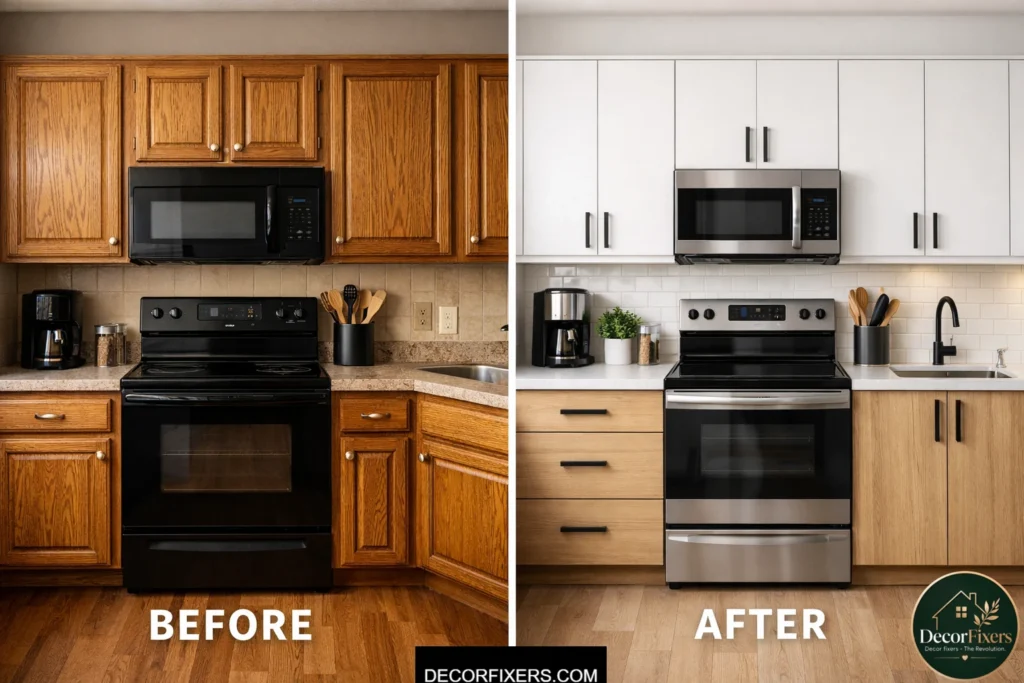 Budget-friendly cabinet refacing transformation for a small kitchen