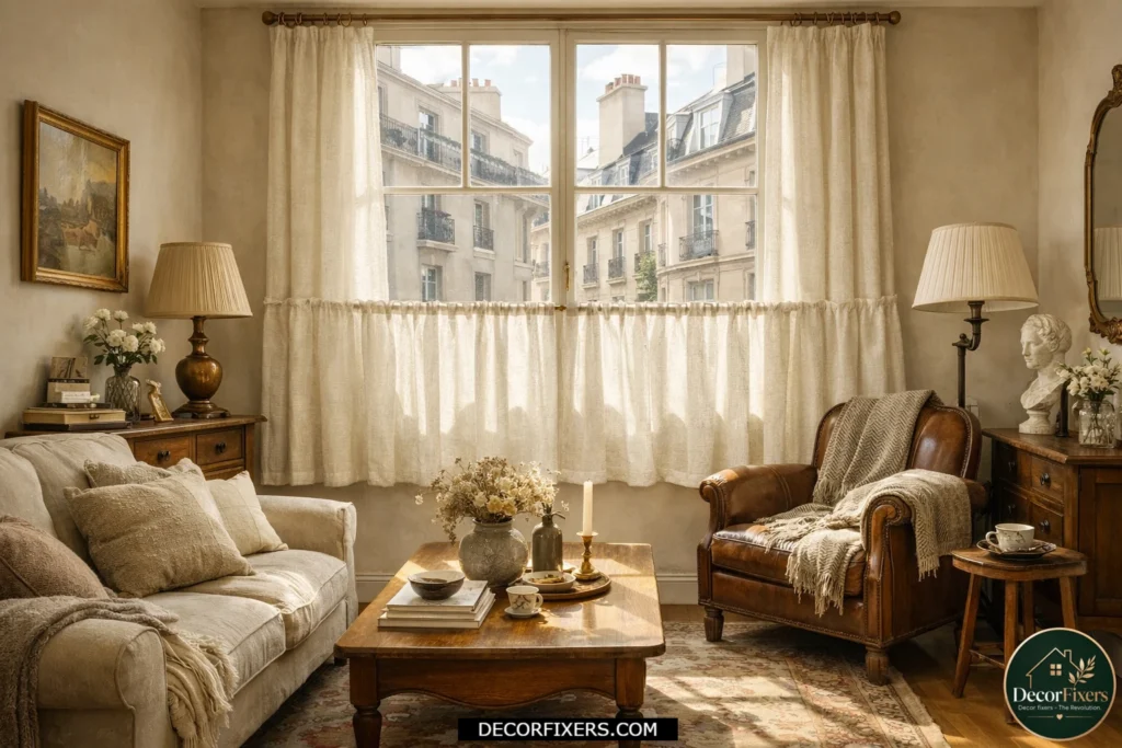 European-style café curtains in a cozy living room.
