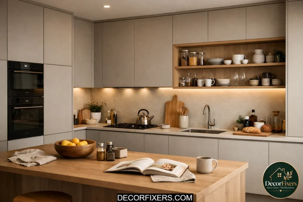 Calm everyday minimalist kitchen with organized hidden storage and warm textures