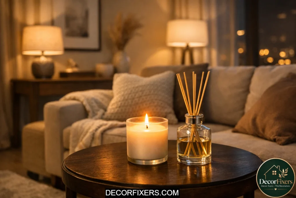 Living room scented decor with candles and diffuser creating cozy mood