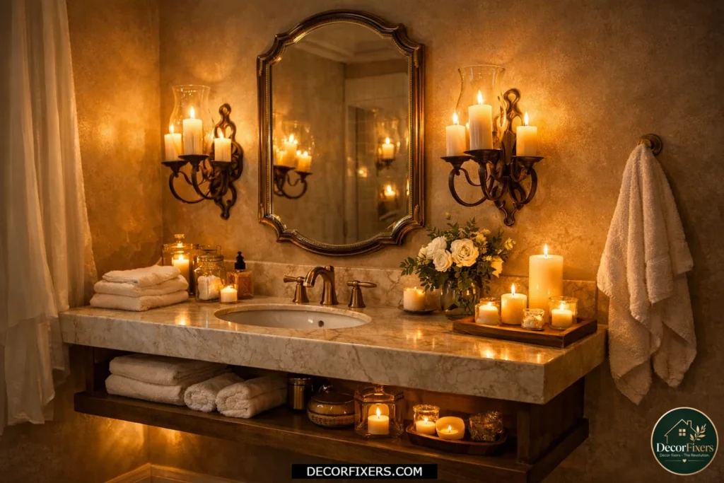 Tiny bathroom styled with candle sconces for warm ambient evening lighting.