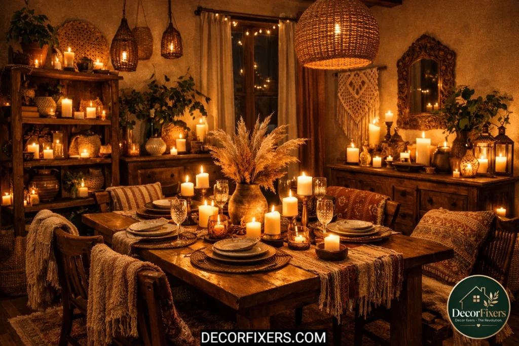 Warm candlelit boho dining room at night
