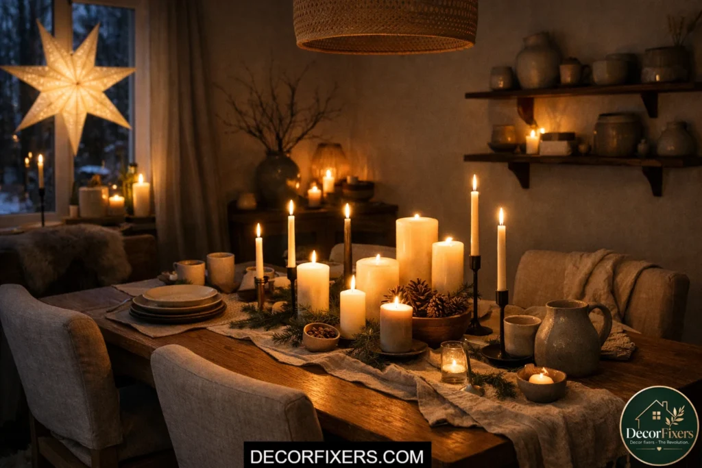 Scandinavian dining room glowing with layered candles and warm evening light