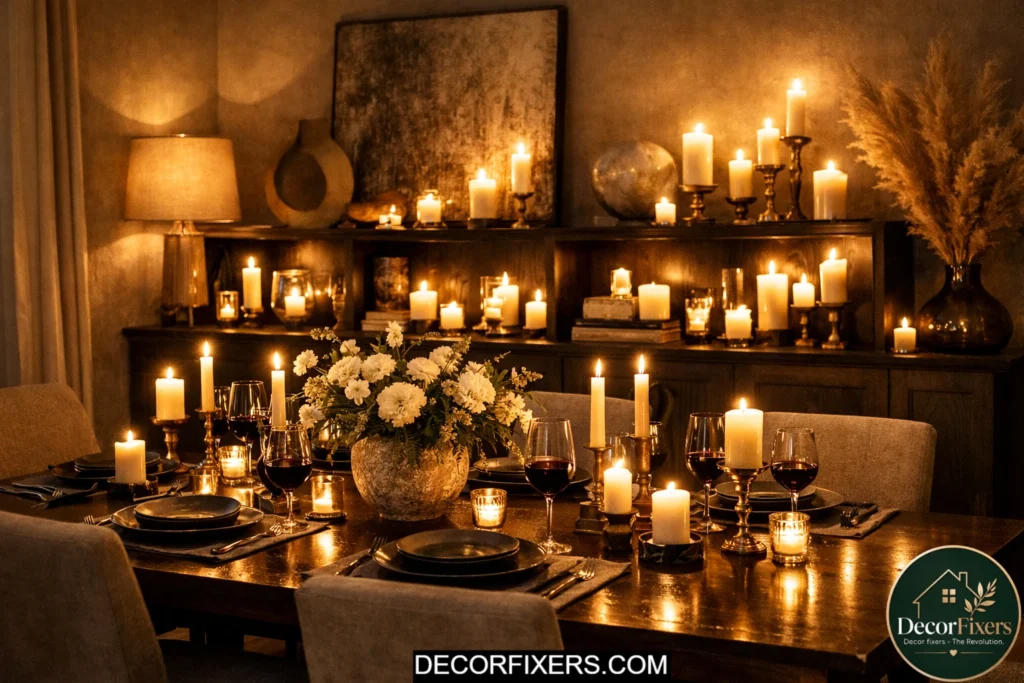 Dining room decorated with candles at multiple heights for ambiance