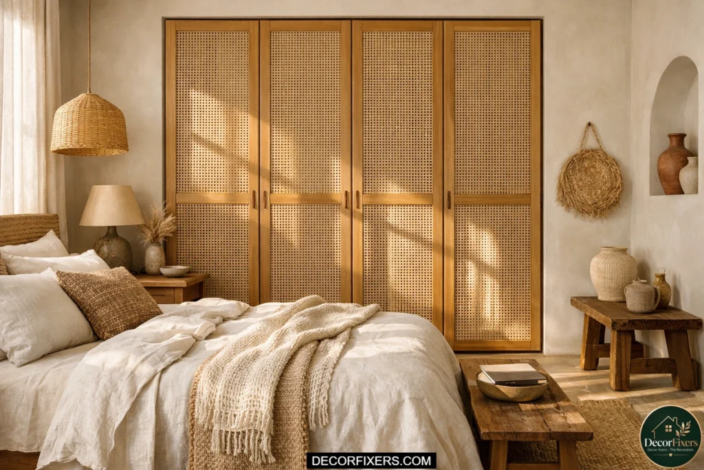 Wardrobe doors with woven cane and rattan panel inserts in a warm modern bedroom.