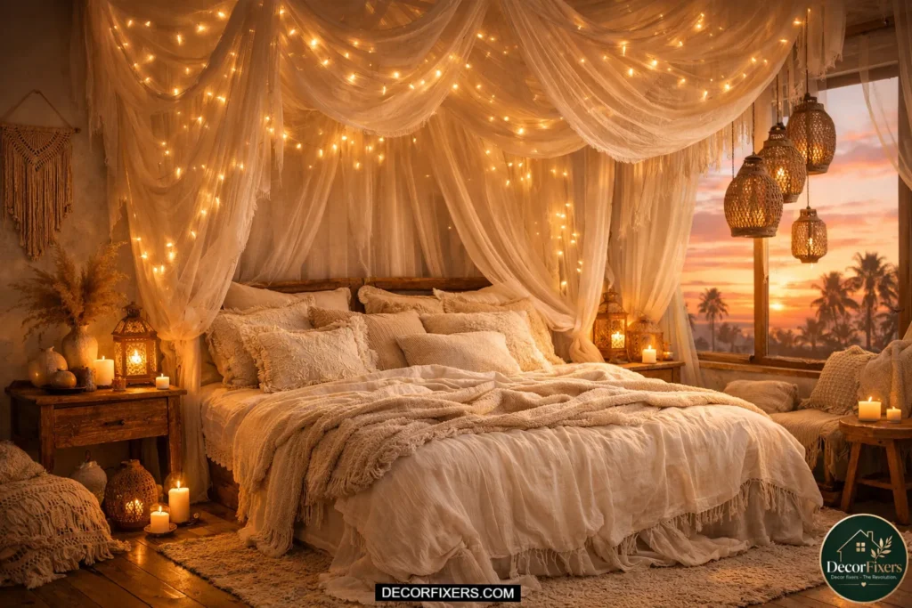 Dreamy bohemian bedroom with sheer canopy draped above bed, fairy lights woven through fabric, layered textures, and romantic warm sunset glow.