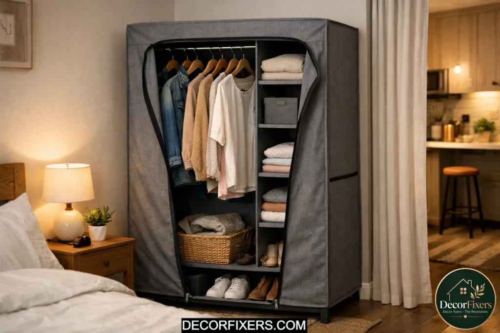 Freestanding canvas wardrobe for extra clothing storage in a rental apartment